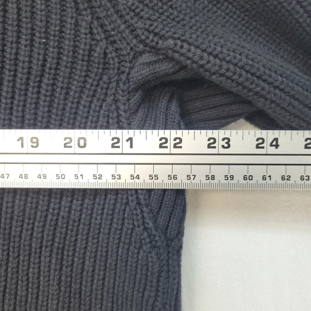 Duluth Trading Co Henley Sweater Mens L Navy Blue Ribbed Wool Blend Elbow Patch